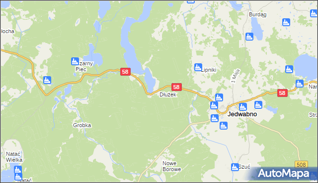 mapa Dłużek gmina Jedwabno, Dłużek gmina Jedwabno na mapie Targeo