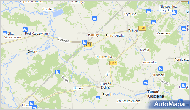 mapa Dobrowoda gmina Turośń Kościelna, Dobrowoda gmina Turośń Kościelna na mapie Targeo