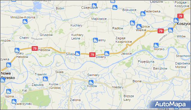 mapa Dolany gmina Koszyce, Dolany gmina Koszyce na mapie Targeo