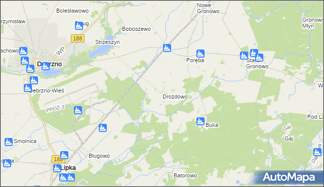 mapa Drozdowo gmina Debrzno, Drozdowo gmina Debrzno na mapie Targeo