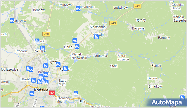 mapa Drutarnia gmina Końskie, Drutarnia gmina Końskie na mapie Targeo