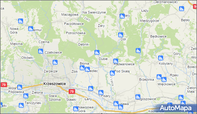 mapa Dubie gmina Krzeszowice, Dubie gmina Krzeszowice na mapie Targeo