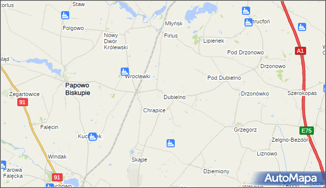 mapa Dubielno gmina Papowo Biskupie, Dubielno gmina Papowo Biskupie na mapie Targeo