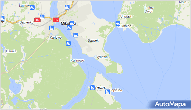 mapa Dybowo gmina Mikołajki, Dybowo gmina Mikołajki na mapie Targeo