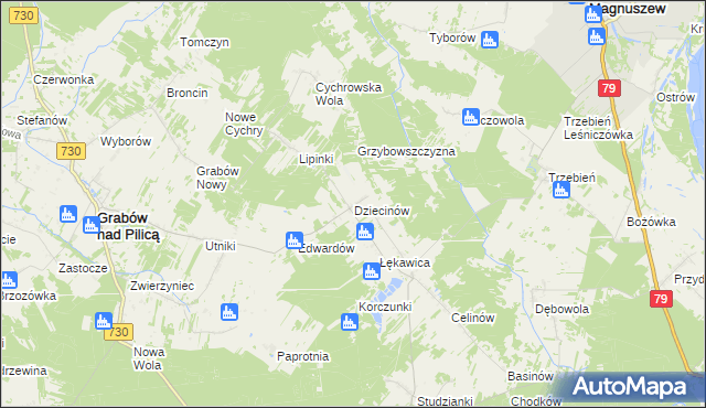 mapa Dziecinów gmina Grabów nad Pilicą, Dziecinów gmina Grabów nad Pilicą na mapie Targeo