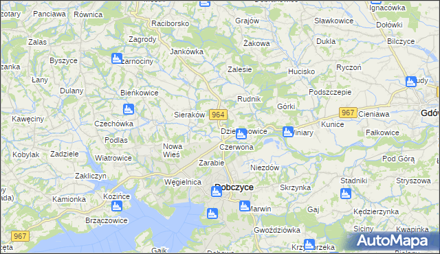 mapa Dziekanowice gmina Dobczyce, Dziekanowice gmina Dobczyce na mapie Targeo