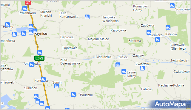 mapa Dzierążnia gmina Krynice, Dzierążnia gmina Krynice na mapie Targeo