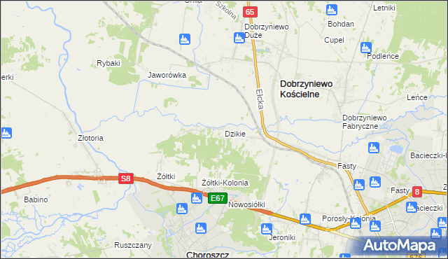 mapa Dzikie gmina Choroszcz, Dzikie gmina Choroszcz na mapie Targeo