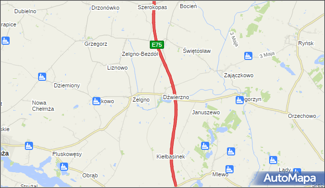 mapa Dźwierzno gmina Chełmża, Dźwierzno gmina Chełmża na mapie Targeo