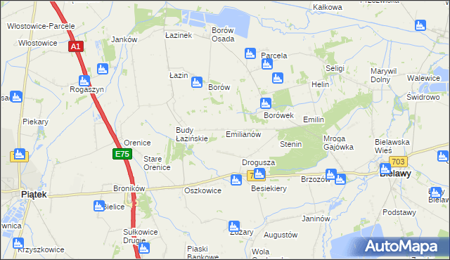 mapa Emilianów gmina Bielawy, Emilianów gmina Bielawy na mapie Targeo