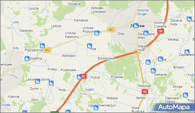 mapa Emilianów gmina Złoczew, Emilianów gmina Złoczew na mapie Targeo