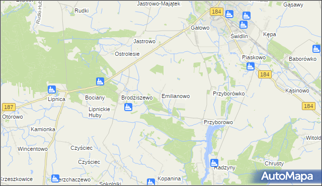 mapa Emilianowo gmina Szamotuły, Emilianowo gmina Szamotuły na mapie Targeo