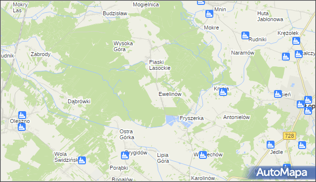 mapa Ewelinów gmina Łopuszno, Ewelinów gmina Łopuszno na mapie Targeo