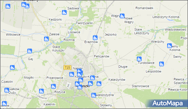 mapa Felicjanów gmina Koluszki, Felicjanów gmina Koluszki na mapie Targeo