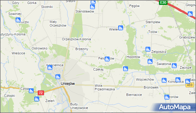 mapa Felicjanów gmina Uniejów, Felicjanów gmina Uniejów na mapie Targeo