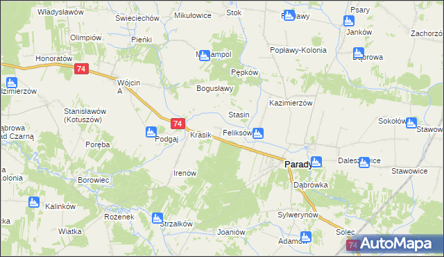 mapa Feliksów gmina Paradyż, Feliksów gmina Paradyż na mapie Targeo