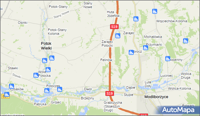 mapa Felinów gmina Modliborzyce, Felinów gmina Modliborzyce na mapie Targeo