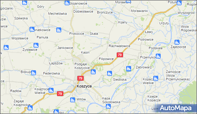 mapa Filipowice gmina Koszyce, Filipowice gmina Koszyce na mapie Targeo
