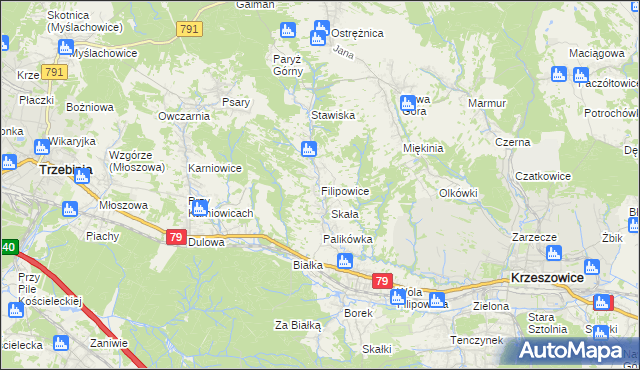 mapa Filipowice gmina Krzeszowice, Filipowice gmina Krzeszowice na mapie Targeo