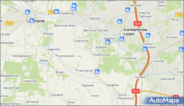 mapa Florentynów gmina Lutomiersk, Florentynów gmina Lutomiersk na mapie Targeo