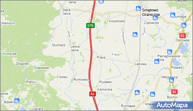 mapa Frąca gmina Smętowo Graniczne, Frąca gmina Smętowo Graniczne na mapie Targeo
