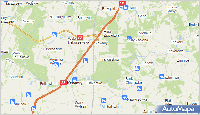 mapa Franciszków gmina Kowiesy, Franciszków gmina Kowiesy na mapie Targeo