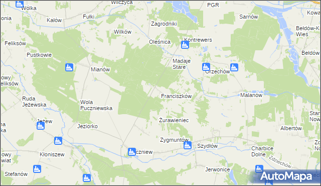 mapa Franciszków gmina Lutomiersk, Franciszków gmina Lutomiersk na mapie Targeo