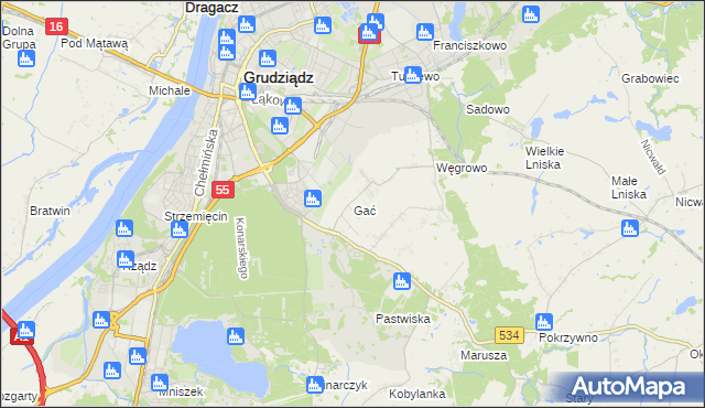 mapa Gać gmina Grudziądz, Gać gmina Grudziądz na mapie Targeo