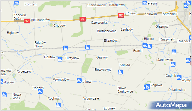 mapa Gąsiory gmina Chodów, Gąsiory gmina Chodów na mapie Targeo