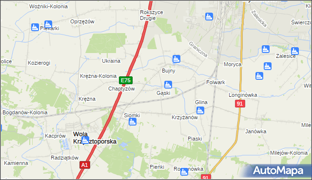 mapa Gąski gmina Wola Krzysztoporska, Gąski gmina Wola Krzysztoporska na mapie Targeo