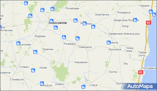 mapa Gawłowice gmina Goszczanów, Gawłowice gmina Goszczanów na mapie Targeo