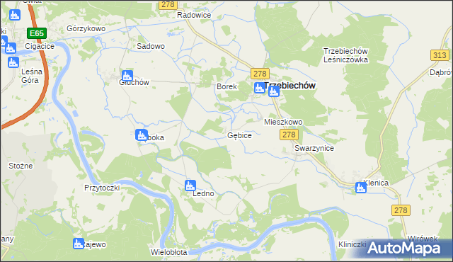 mapa Gębice gmina Trzebiechów, Gębice gmina Trzebiechów na mapie Targeo