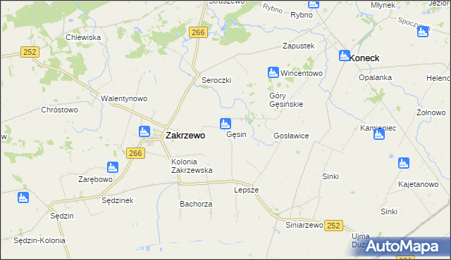 mapa Gęsin gmina Zakrzewo, Gęsin gmina Zakrzewo na mapie Targeo