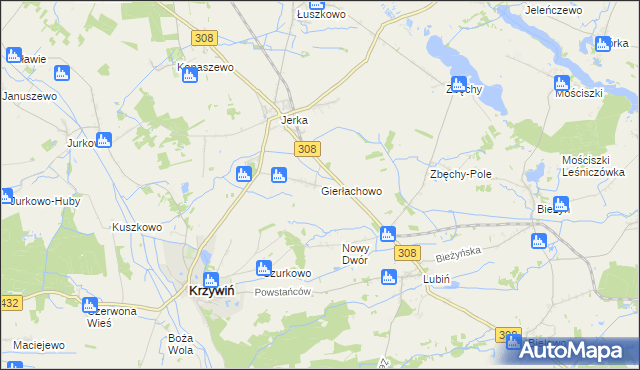 mapa Gierłachowo gmina Krzywiń, Gierłachowo gmina Krzywiń na mapie Targeo