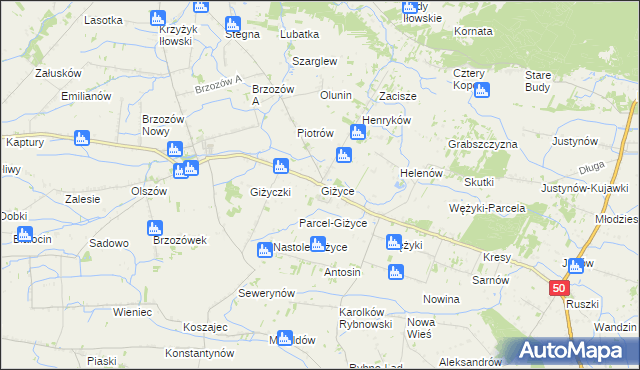 mapa Giżyce gmina Iłów, Giżyce gmina Iłów na mapie Targeo