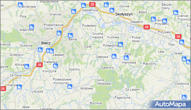 mapa Głęboka gmina Biecz, Głęboka gmina Biecz na mapie Targeo