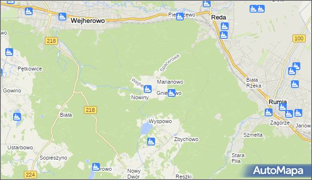 mapa Gniewowo gmina Wejherowo, Gniewowo gmina Wejherowo na mapie Targeo