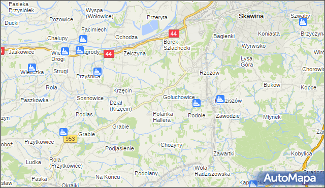 mapa Gołuchowice gmina Skawina, Gołuchowice gmina Skawina na mapie Targeo