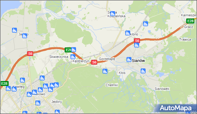 mapa Gorzebądz gmina Sianów, Gorzebądz gmina Sianów na mapie Targeo