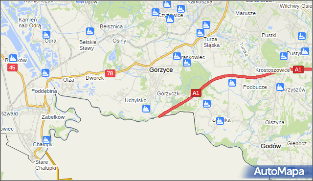 mapa Gorzyczki gmina Gorzyce, Gorzyczki gmina Gorzyce na mapie Targeo