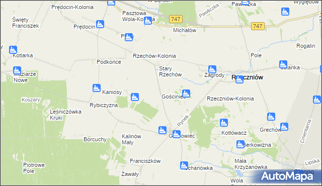 mapa Gościniec gmina Rzeczniów, Gościniec gmina Rzeczniów na mapie Targeo