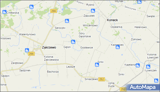 mapa Gosławice gmina Zakrzewo, Gosławice gmina Zakrzewo na mapie Targeo