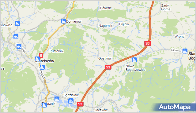 mapa Gostków gmina Stare Bogaczowice, Gostków gmina Stare Bogaczowice na mapie Targeo