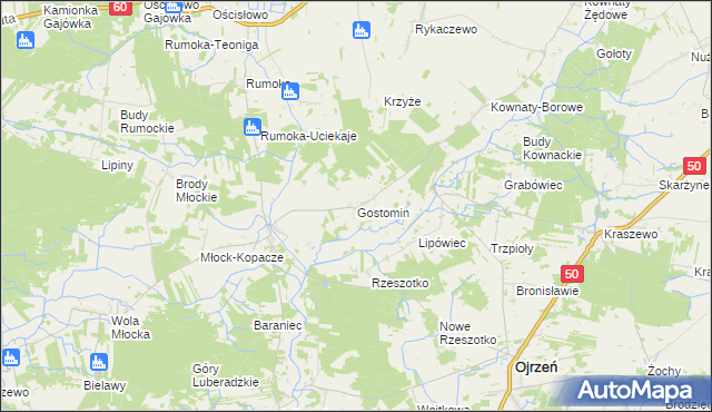 mapa Gostomin gmina Ojrzeń, Gostomin gmina Ojrzeń na mapie Targeo
