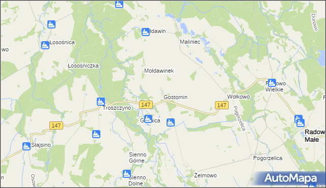 mapa Gostomin gmina Radowo Małe, Gostomin gmina Radowo Małe na mapie Targeo