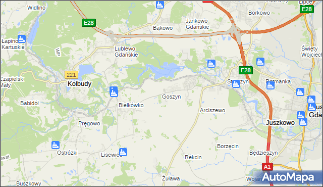 mapa Goszyn gmina Pruszcz Gdański, Goszyn gmina Pruszcz Gdański na mapie Targeo