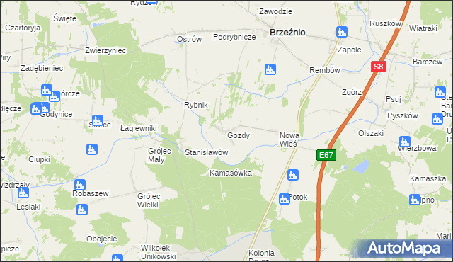 mapa Gozdy gmina Brzeźnio, Gozdy gmina Brzeźnio na mapie Targeo