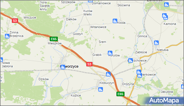 mapa Grabik gmina Gaworzyce, Grabik gmina Gaworzyce na mapie Targeo