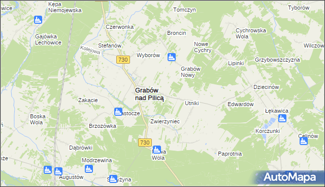 mapa Grabina gmina Grabów nad Pilicą, Grabina gmina Grabów nad Pilicą na mapie Targeo