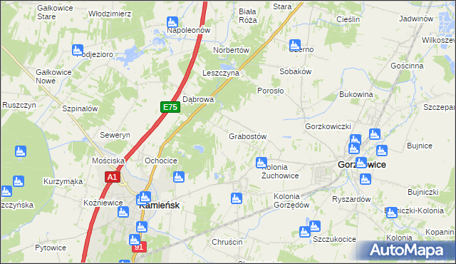 mapa Grabostów gmina Gorzkowice, Grabostów gmina Gorzkowice na mapie Targeo